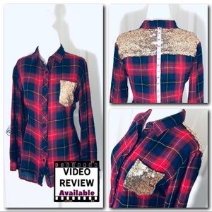 Gold Sequin Plaid Button Down Shirt Navy/Red